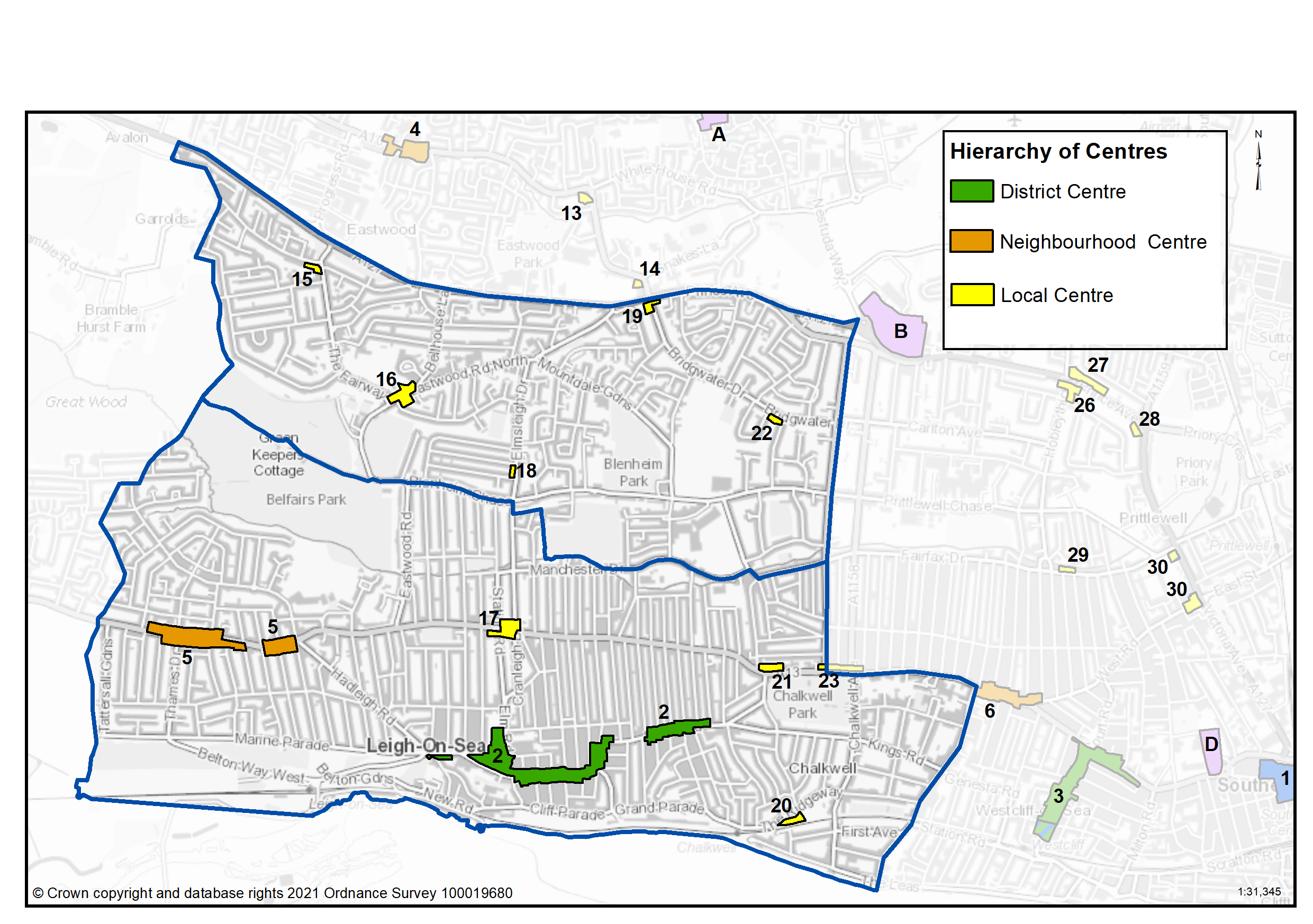 Leigh retail: Map of Leigh neighbourhood showing the hierarchy of retail centres with neighbourhood centres at the top, then local centres then out of town retail parks.