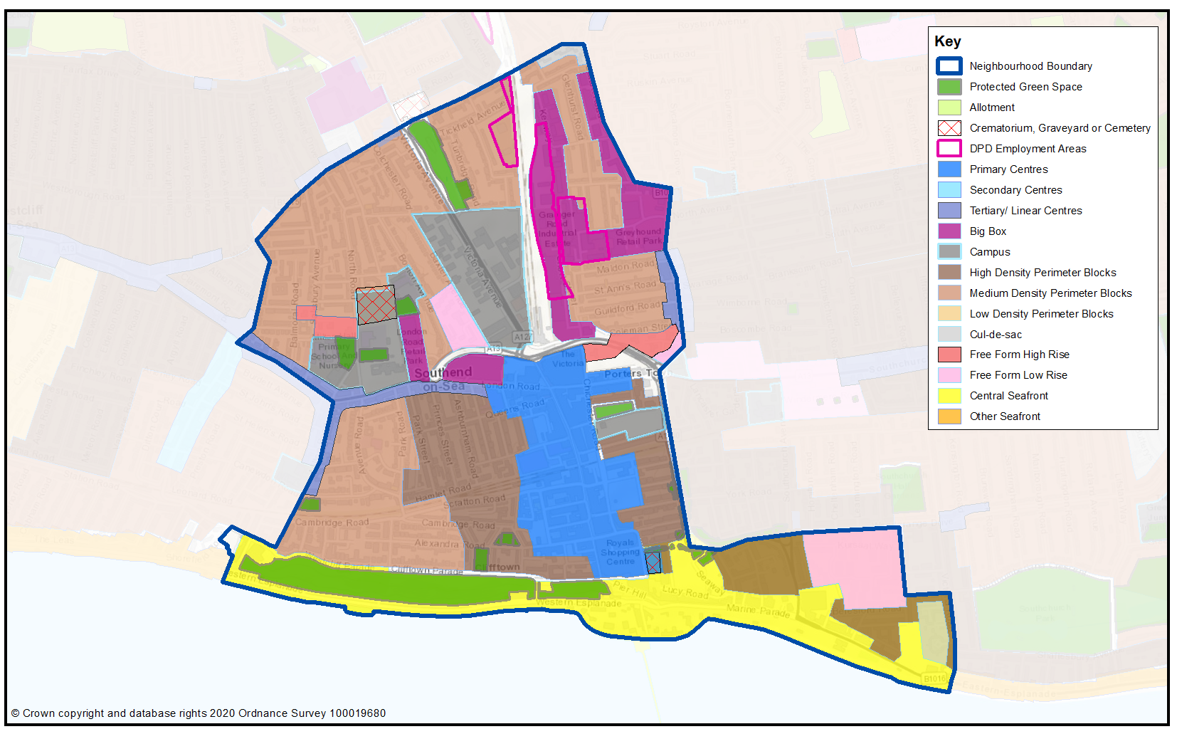 Southend Central Context Map: Map of Southend Central neighbourhood showing road network, retail areas, employment areas and schools.