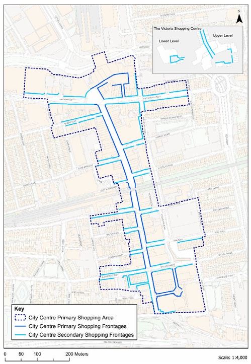 Map of Southend city centre showing the designated City Centre Primary Shopping Area outlined with a dashed purple line. Streets within the area are marked with bold blue lines to indicate Primary Shopping Frontages, and thinner light blue lines for Secondary Shopping Frontages.