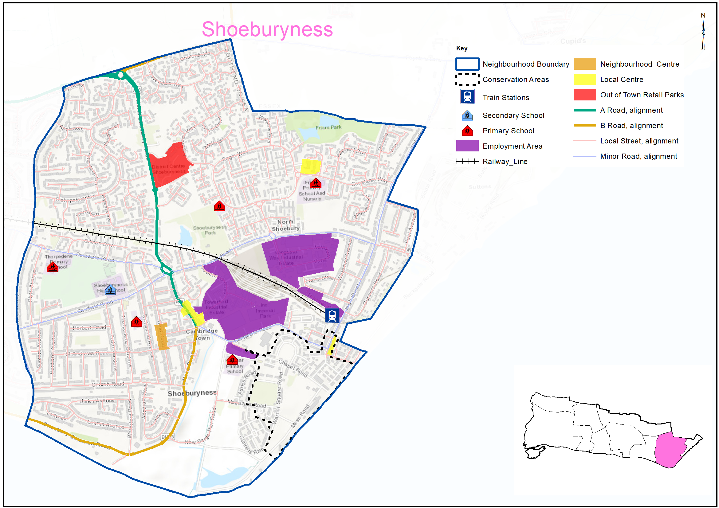 Shoeburyness profile showing key characteristics of the neighbourhood including previous housing growth; potential new homes; transport connections; education and healthcare provision; business and commercial areas; green space and car ownership.