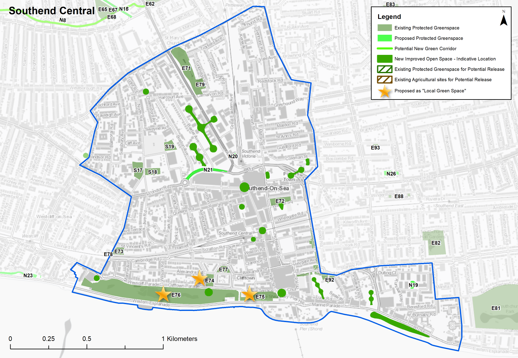 Map showing Green Space in Southend Central area