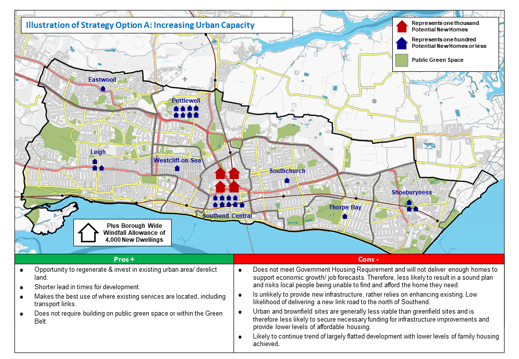 Illustration of Strategy Option A below provides an indication of where potential new homes could come forward based on the location of relevant potential housing sites (Broad Type of Sites) distributed across the different neighbourhoods and an allowance for Windfall.
