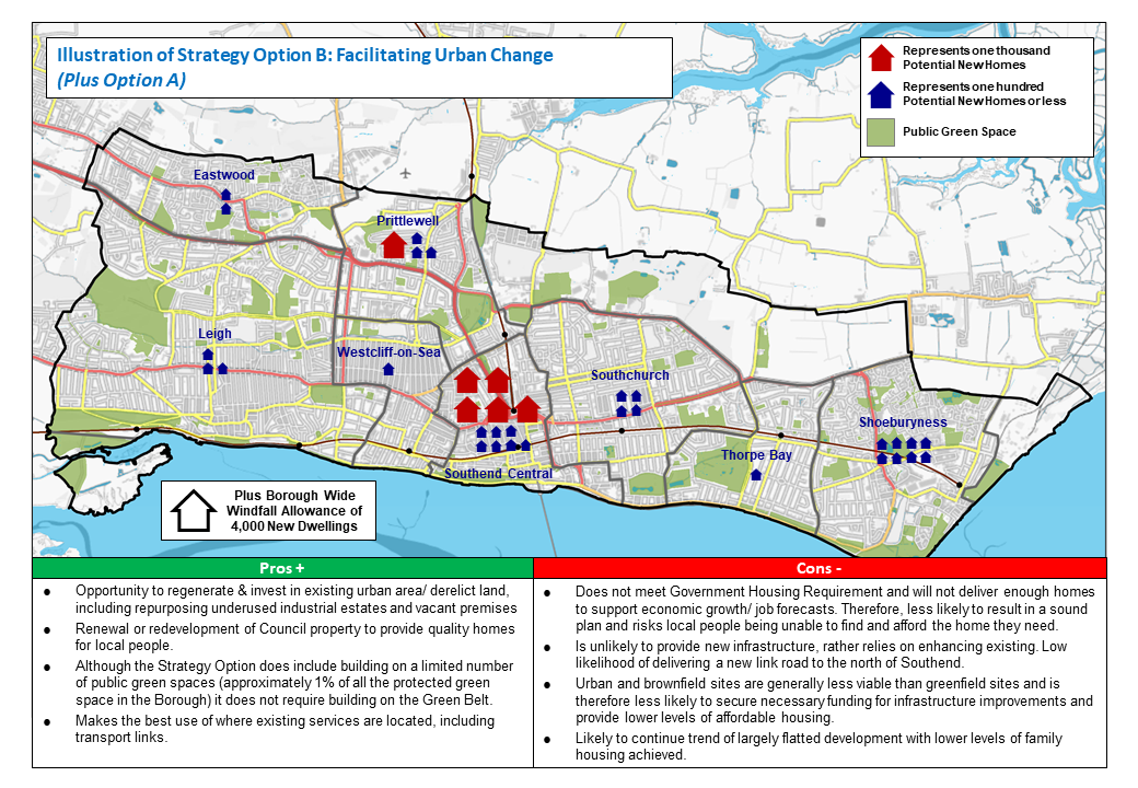 Illustration of Strategy Option B below provides an indication of where potential new homes could come forward based on the location of relevant potential housing sites (Broad Type of Sites) distributed across the different neighbourhoods and an allowance for Windfall.