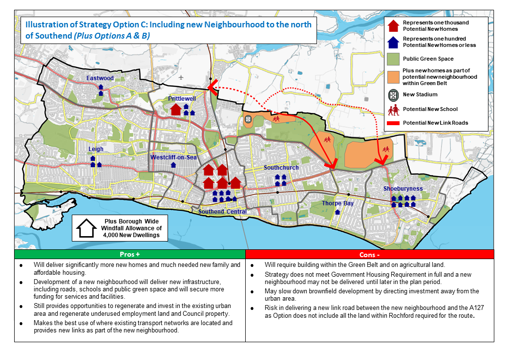 Illustration of Strategy Option C below provides an indication of where potential new homes could come forward based on the location of relevant potential housing sites (Broad Type of Sites) distributed across the different neighbourhoods and an allowance for Windfall. It also provides an indicative sketch of what a new neighbourhood on the edge of Southend could look like for illustrative purposes only and to aid feedback.  