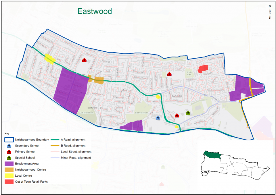 Eastwood profile showing key characteristics of the neighbourhood including previous housing growth; potential new homes; transport connections; education and healthcare provision; business and commercial areas; green space and car ownership.