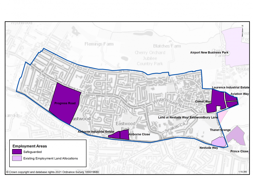 Eastwood Employment Areas: Map of Eastwood neighbourhood showing safeguarded employment land; existing employment land allocations; potential new employment land allocations and potential re-allocation of employment land.