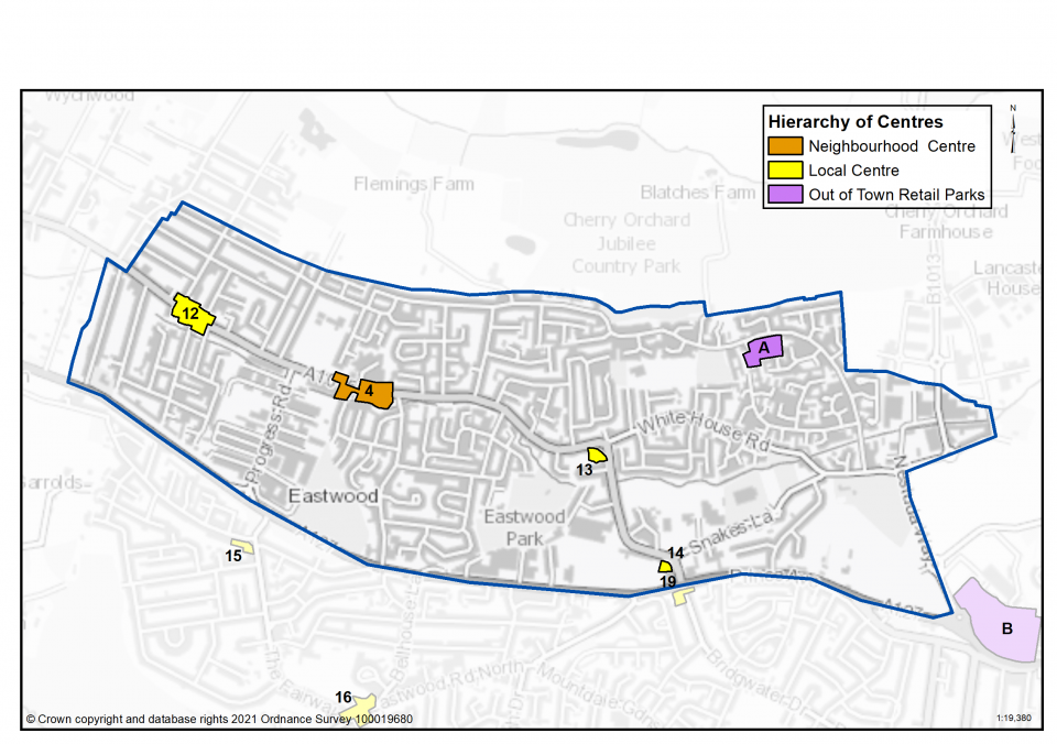Eastwood retail: Map of Eastwood neighbourhood showing the hierarchy of retail centres with neighbourhood centres at the top, then local centres then out of town retail parks.