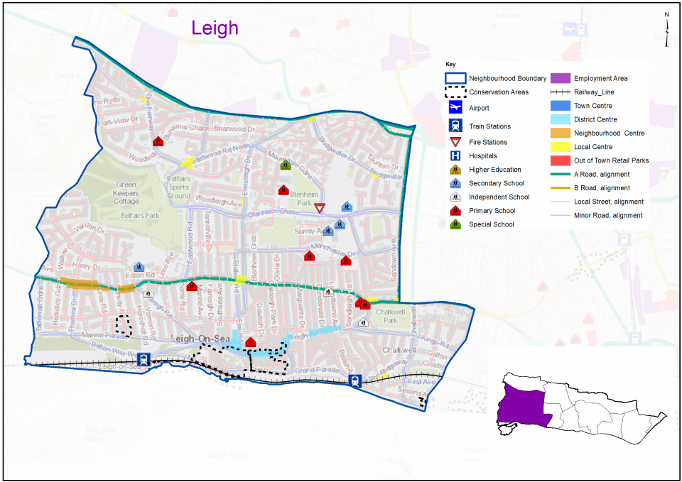 Leigh Context Map: Map of Leigh neighbourhood showing road network, retail areas, employment areas and schools.