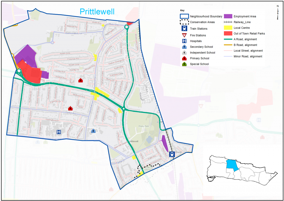 Prittlewell Context Map: Map of Prittlewell neighbourhood showing road network, retail areas, employment areas and schools.