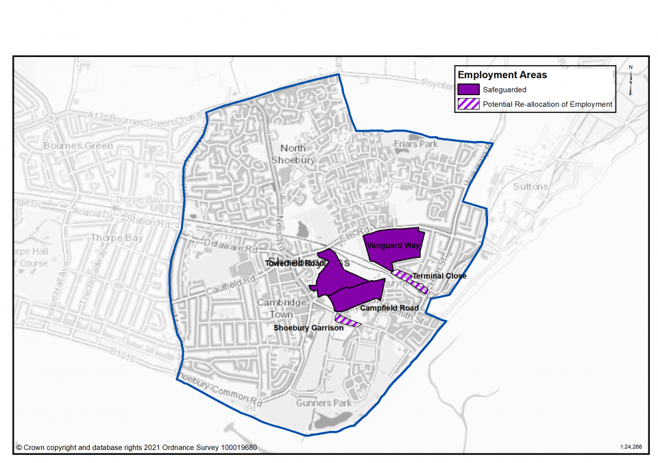 Shoeburyness Employment Areas: Map of Shoeburyness neighbourhood showing safeguarded employment land; existing employment land allocations; potential new employment land allocations and potential re-allocation of employment land.