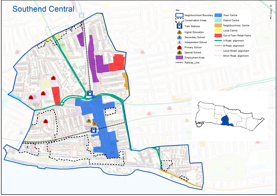 Southend Central Context Map: Map of Southend Central neighbourhood showing road network, retail areas, employment areas and schools.