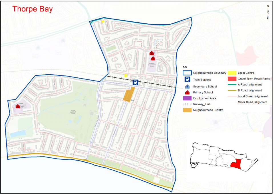 Thorpe Bay profile showing key characteristics of the neighbourhood including previous housing growth; potential new homes; transport connections; education and healthcare provision; business and commercial areas; green space and car ownership.